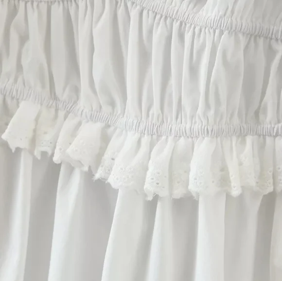 White Puff Sleeve Square Neck Dress with Lace and Ruffle Detail - Picture 13 of 16